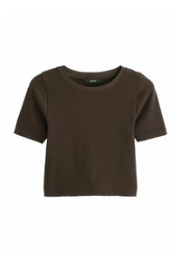 Dark brown ribbed short-sleeve t-shirt with a round neckline and a cropped design. Features a label at the neck reading "NEXT."