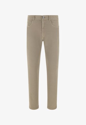 Pantaloni beige a gamba dritta con bottone frontale, zip, passanti per cintura e tasche anteriori e taschina a filetto.