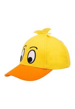 Gelbe Kappe mit orangenem Schirm; ausgestattet mit großen Cartoon-Augen und einem kleinen Büschel, aus weichem Stoff gefertigt. Betont ein verspieltes Design.