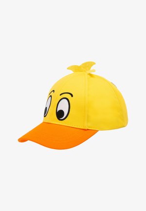 Yellow cap with orange brim; features large cartoon eyes and a small tuft, made of soft fabric. Accentuates playful design.