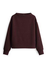 Ciemnobrązowa bluza z okrągłym dekoltem, długimi rękawami i ściągaczami, rozłożona na płasko na białym tle.