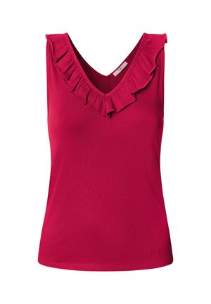 Fuksia varrukateta top V-kaelusega ja volditud äärega kaelusel. Valmistatud soonikkangast, kitsas lõige.