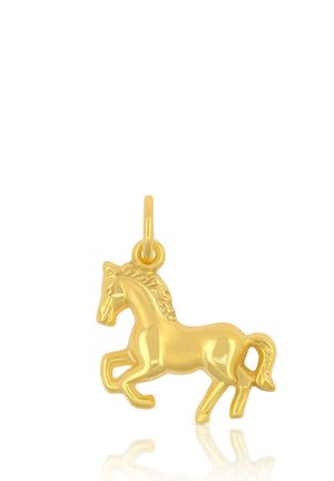Goldener Anhänger in Form eines steigenden Pferdes mit detaillierter Mähne und Schweif, befestigt an einer kleinen Öse für eine Kette.
