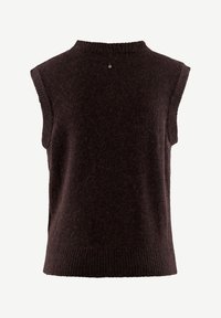 Pull sans manches marron foncé avec un col haut, ourlet côtelé et tissu tricoté texturé. Présente un petit bouton décoratif au dos.