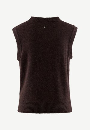 Maglione senza maniche marrone scuro con collo alto, orlo a costine e tessuto a maglia testurizzato. Presenta un piccolo bottone decorativo sul retro.