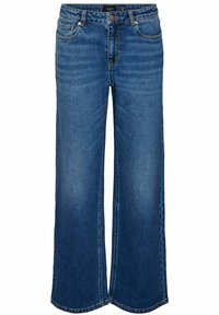 Weite, hochtaillierte blaue Jeans aus Denim mit glatter Textur, ausgestattet mit fünf Taschen und kontrastierenden Nähten.