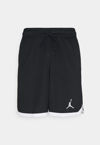 Pantalones cortos deportivos negros hechos de un material ligero, con una cintura con cordón, acentos en dobladillo blanco y un logo de Jordan blanco a un lado.