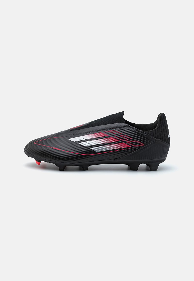 Black soccer cleat with textured synthetic upper, red and white stripe details, low profile design, rubber studded outsole for traction.