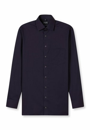 Long-sleeve, dark navy shirt made of smooth fabric, featuring a button-down collar, chest pocket, and subtle texture.