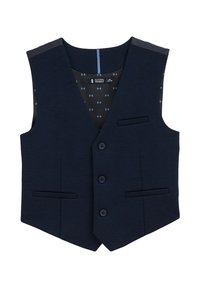 Tamsiai mėlynas liemenė su tekstūruota apdaila, turinti iškirptę, keturis mygtukus, dvi kišenes ir raštuotą vidinę pamušalą.