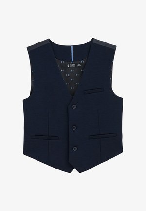 Mørkeblå vest med en tekstureret overflade, udstyret med en krave med udskæringer, fire knapper, to lommer og et mønstret indvendigt foret.
