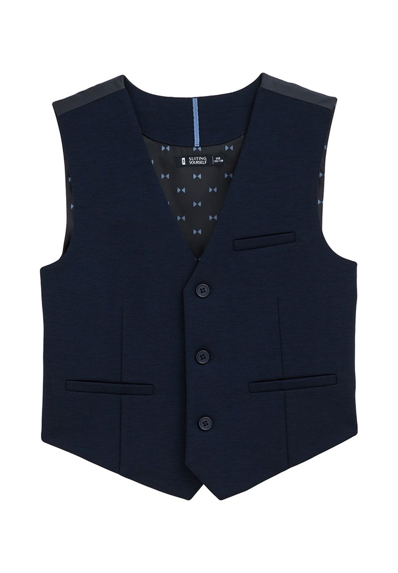 Tamsiai mėlynas liemenė su tekstūruota apdaila, turinti iškirptę, keturis mygtukus, dvi kišenes ir raštuotą vidinę pamušalą.