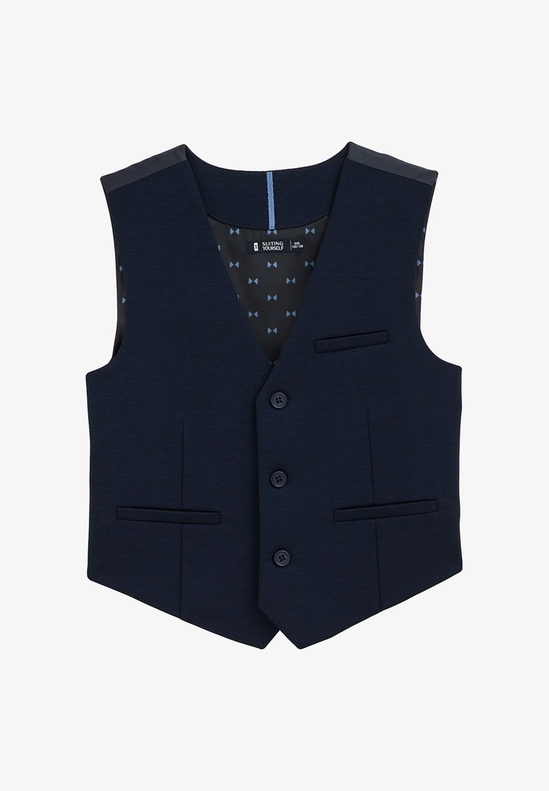 Tamsiai mėlynas liemenė su tekstūruota apdaila, turinti iškirptę, keturis mygtukus, dvi kišenes ir raštuotą vidinę pamušalą.