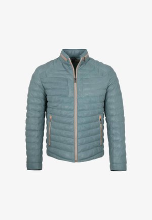 Hellblaue gesteppte Jacke mit Stehkragen, Frontreißverschluss und zwei seitlichen Reißverschlusstaschen.