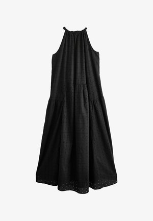 Robe midi noire sans manches avec col halter froncé et jupe à volants, avec une broderie anglaise subtile sur l’ensemble.