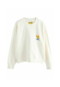 Sweatshirt de couleur crème avec des poignets et un ourlet côtelés. Il présente un design brodé d'une boisson au citron avec le texte "Snoopy Lemonade."