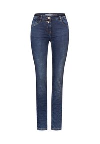 Jeans in denim blu scuro con vestibilità slim, dotati di chiusura con zip e bottone, tasche frontali e un leggero sbiadimento lungo le gambe.