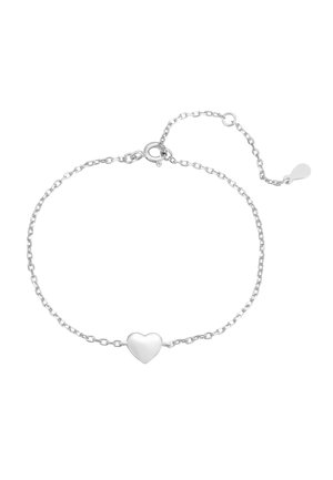 Silberarmband mit einer zarten Kette und einem zentralen herzförmigen Charm. Die Kette hat einen Karabinerverschluss und einen verstellbaren Verlängerungsbereich.
