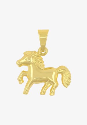 Pendente a forma di pony placcato oro con criniera e coda dettagliate, presenta una superficie lucida e liscia e un anello piatto per il fissaggio.