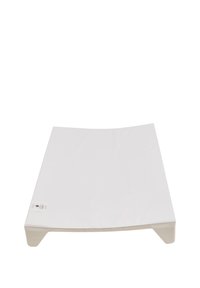 White curved platform with a smooth surface and rounded corners; supports a flat design, made from a sturdy material. Tag visible.