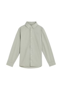 Camisa de botones de manga larga verde claro con un cuello clásico, puños de camisa y un pequeño detalle bordado en el pecho. Material de algodón.