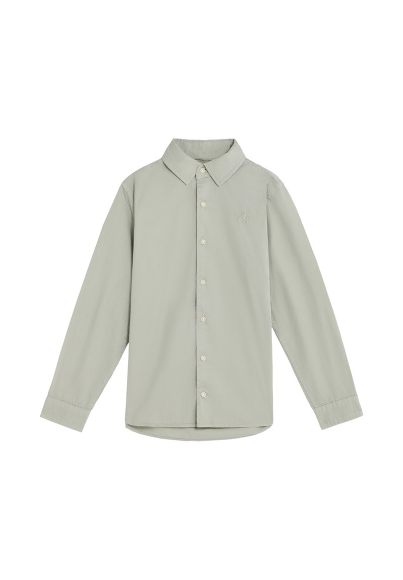Camisa de botones de manga larga verde claro con un cuello clásico, puños de camisa y un pequeño detalle bordado en el pecho. Material de algodón.