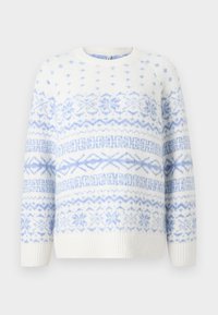 Λευκό πλεκτό πουλόβερ με ανοιχτό μπλε νορβηγικά μοτίβα χιονιών και γεωμετρικών σχημάτων, με στρογγυλή λαιμόκοψη και ριμπ μανσέτες και στρίφωμα.