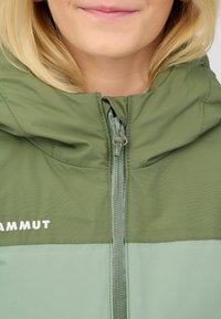 Primo piano di una persona che indossa una giacca verde bicolore chiusa fino al collo con il logo Mammut visibile sul petto.