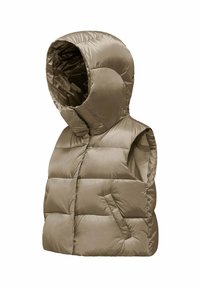Gilet imbottito in taupe, con cappuccio, tasche laterali e design trapuntato con ampie sezioni. Realizzato in un tessuto liscio e lucido.