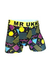 Boxer da uomo colorati con sfondo nero, caratterizzati da motivi geometrici in giallo, blu, viola e bianco. Vita gialla con il testo "MR UKKO".
