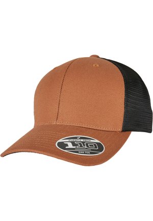 Bronze-colored cap with a textured fabric front and black mesh back. Features a curved visor and a Flexfit sticker on the brim.