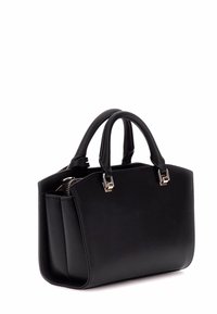 Borsa a tracolla nera in pelle con un design strutturato, manici corti, dettagli in metallo argentato e un vano con zip sul lato.