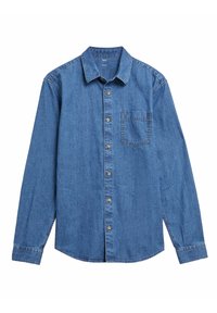 Denim button-up shirt in medium blue met lange mouwen, kraag en één borstzak. Voorzien van metalen knopen en contrasterende stiksels.
