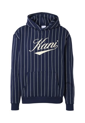 Tumši zils džemperis ar kapuci, balts vertikālas svītras, priekšpusē 