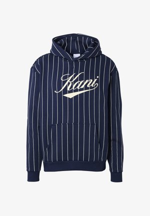Tengerészkék kapucnis pulóver fehér, függőleges vékony csíkokkal, elülső kenguruzsebbel és fehér, írott "Kani" logóval a mellkason.