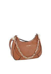 Brown leather shoulder bag with a structured shape, glossy gold chain strap, and minimalistic design featuring a gold logo detail.