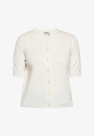 Cardigan alb cu mânecă scurtă, cu decolteu în V, textură cu fante verticale și șase nasturi deschiși la culoare pe față. Material moale din tricot.