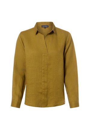 Lniana koszula o długim rękawie w kolorze musztardowym z ostrym kołnierzykiem i ukrytymi guzikami z przodu, rozmiar 36, bez widocznych wzorów ani logo.