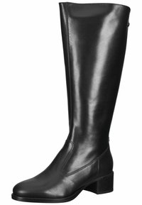 Bottes en cuir noir arrivant au genou, avec une finition lisse, un bout arrondi, un petit talon carré et des détails de couture minimalistes sur le côté.