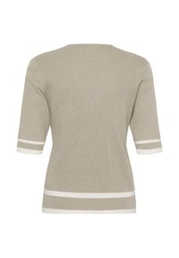 Beige geribbelde trui met korte mouwen en witte boordbanden aan mouwen en zoom, gezien vanaf de achterkant.