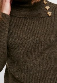 Pull en tricot de couleur vert olive foncé avec un col haut et quatre grands boutons ronds de couleur marron clair sur l'épaule. Motif côtelé texturé.
