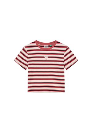 T-shirt court rayé rouge et blanc avec un col rond et un petit logo en forme de triangle sur la poitrine. Tissu doux, manches courtes.