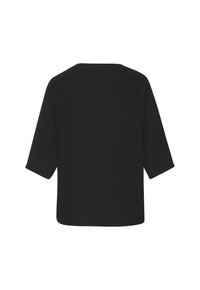 Black short-sleeve top featuring a relaxed fit and wide neckline. Made from soft fabric, the back is plain with no additional patterns or accents.
