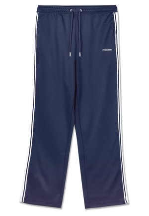 Navy sweatpants with a drawstring waist, featuring white side stripes and a small logo on the front. Smooth texture and relaxed fit.