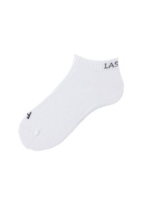 White ankle sock with a ribbed texture and seamless toe. Features a small black logo "LAS" on the cuff. Lightweight cotton blend material.