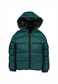 Giacca a vento teal con cappuccio, dotata di interno nero, chiusura frontale con zip, polsini elasticizzati e design trapuntato.