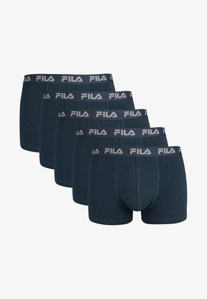 Boxershorts für Herren aus dunkelblauem Baumwollstoff, mit einem enganliegenden Design und einem elastischen grauen Bund mit FILA-Logo. Set aus fünf Paaren.