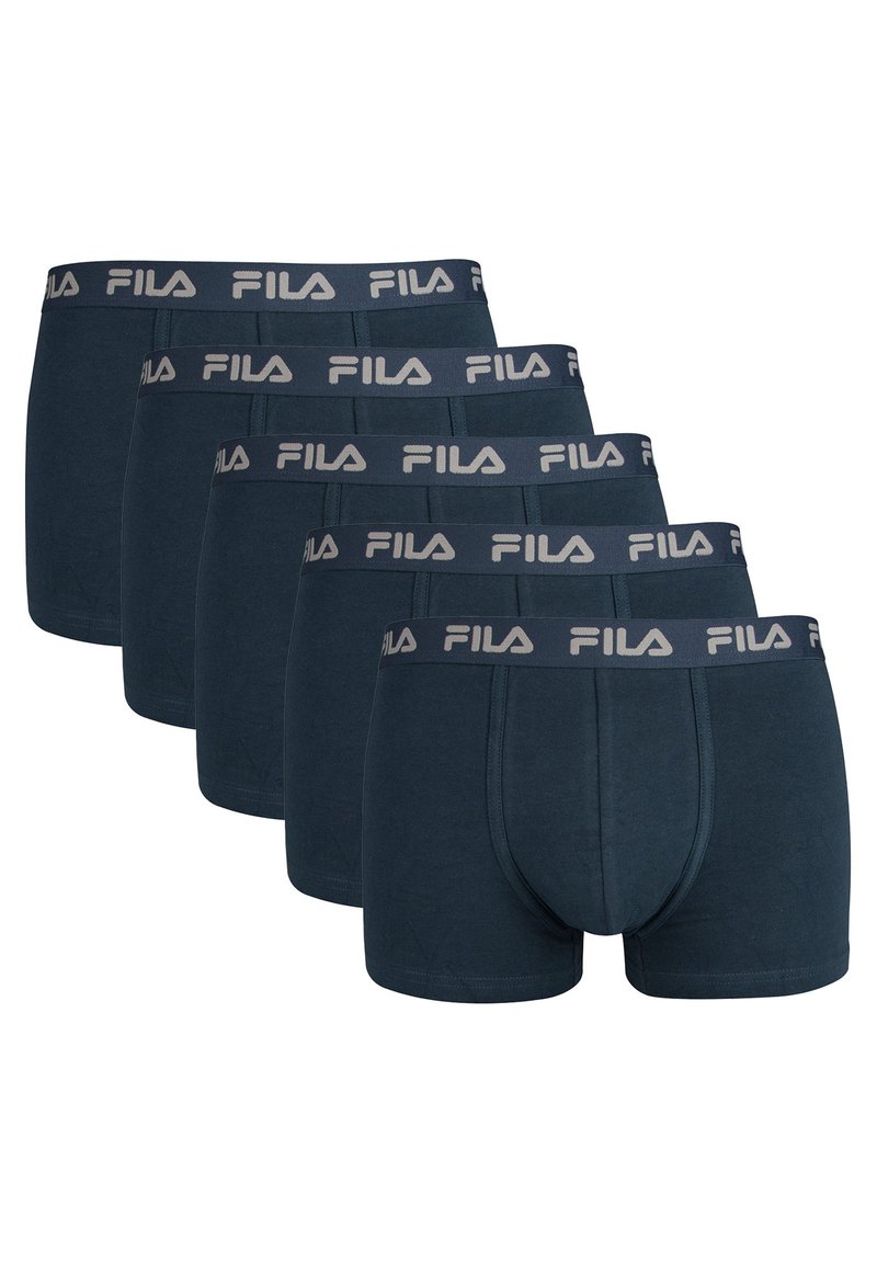 Boxer briefs da uomo in cotone blu scuro, caratterizzati da un design aderente e un elastico in vita grigio con il logo FILA. Set di cinque paia.