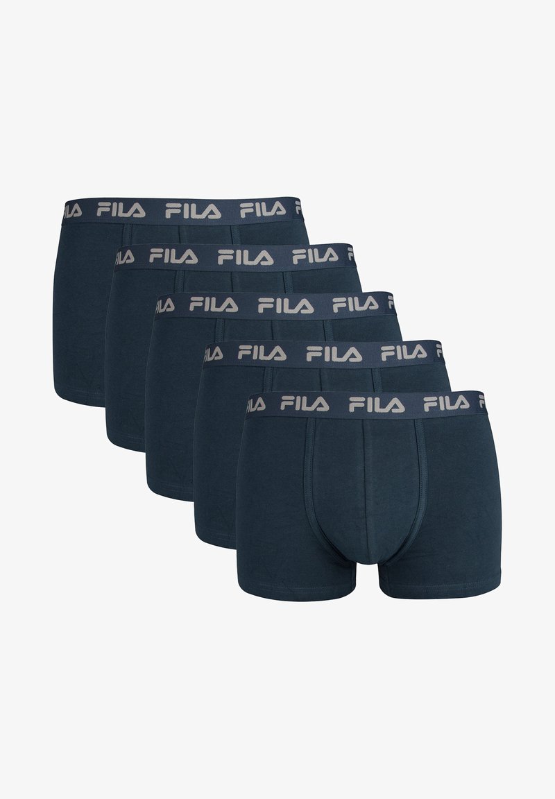 Boxer briefs da uomo in cotone blu scuro, caratterizzati da un design aderente e un elastico in vita grigio con il logo FILA. Set di cinque paia.