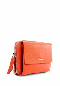 Orange leather wallet with textured finish, featuring a zipper closure, fold-over flap, and metal logo accent. Compact and functional design.